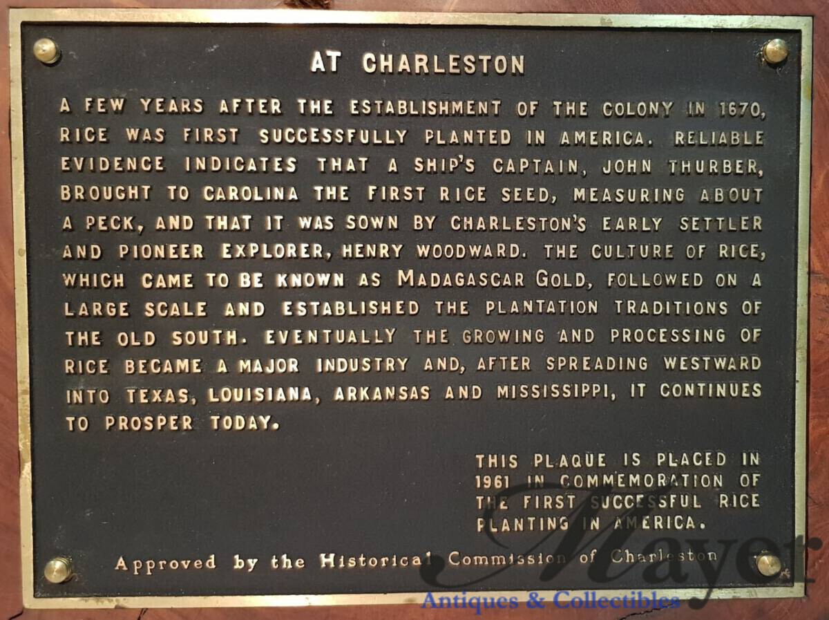 Charleston South Carolina Rice History Commemorative Plaque