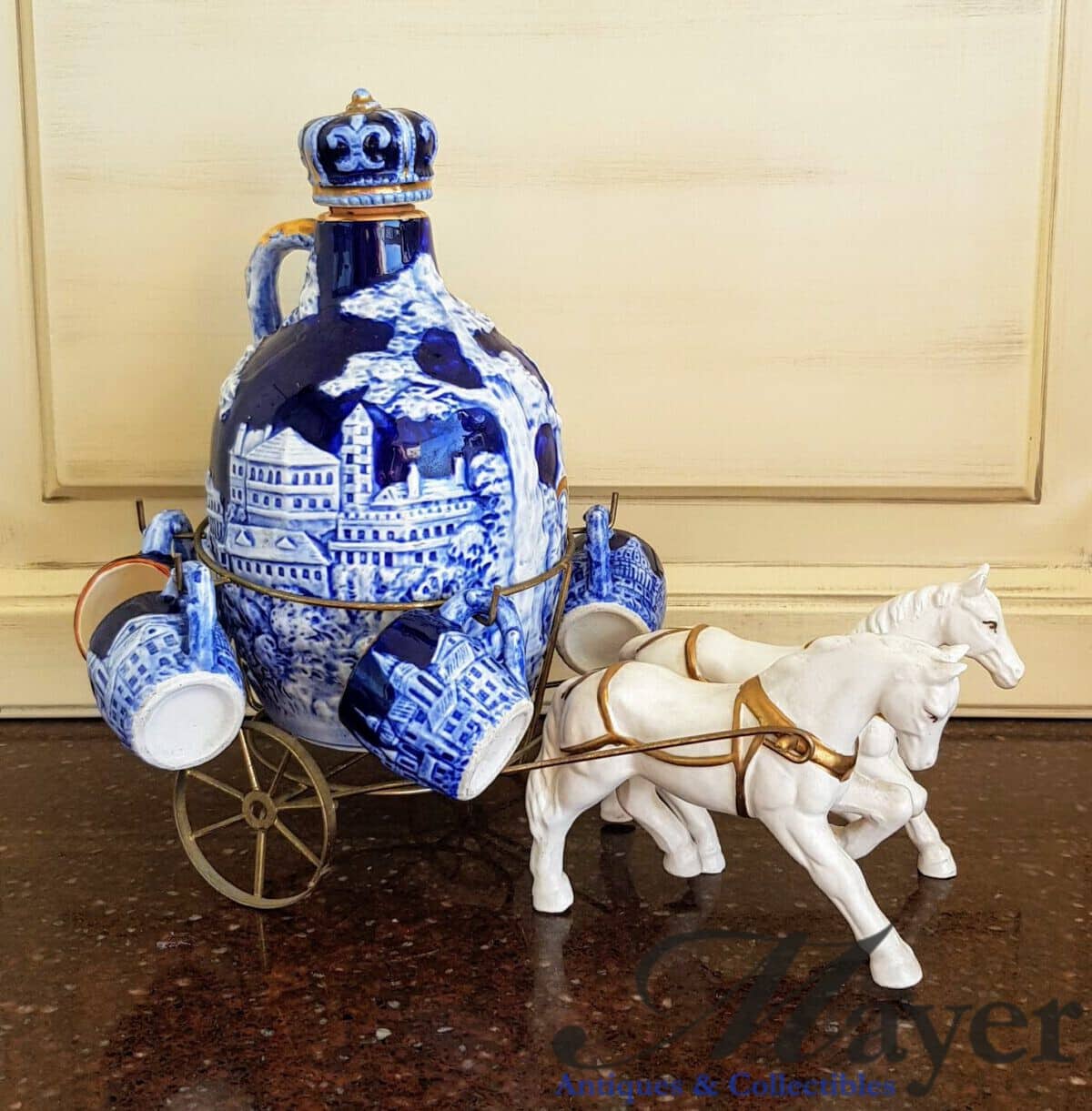Vintage Horse And Carriage Decanter With Cups