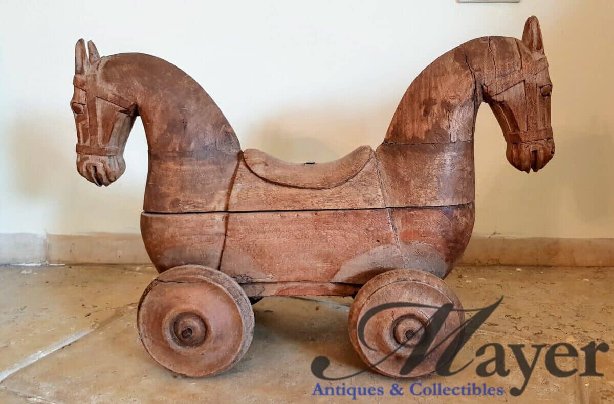 Folk Art Double Headed Wooden Horse On Wheels