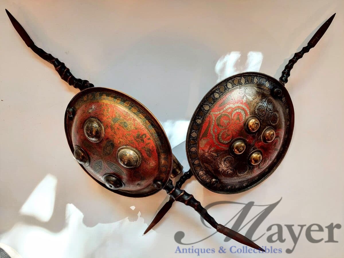 Indian Madu Shields Set with Horns and Decorative Colorful Bucklers.